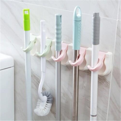 Broom Holder No Drilling Mop and Broom Holder Self Adhesive Plastic Wall Mounted Rack Broom Organizer 4 Positions and 2/3/4 Hook