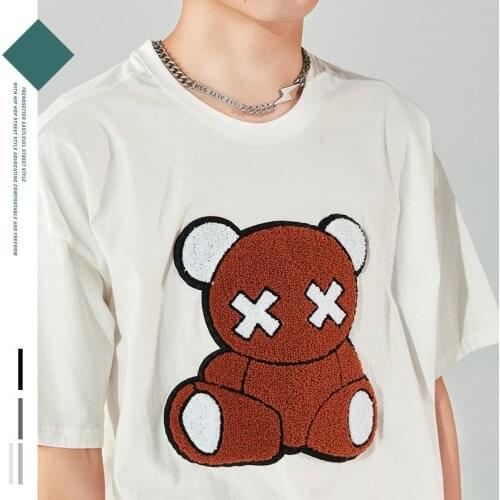 American High Street Terry Cloth Embroidery Bear Short-sleeved T-shirt For Men And Women Loose Oversize Couple Cotton Fashion