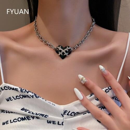 FYUAN Vintage Black Heart Choker Necklaces for Women Silver Color Chain Necklaces Statement Jewelry
