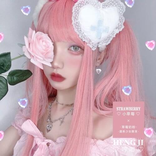 Heng Ji Lolita Wig Female Long Hair Pink Color Gradient Face Repair Net Red lolita wig Girl Fake Hair Small Strawberry
