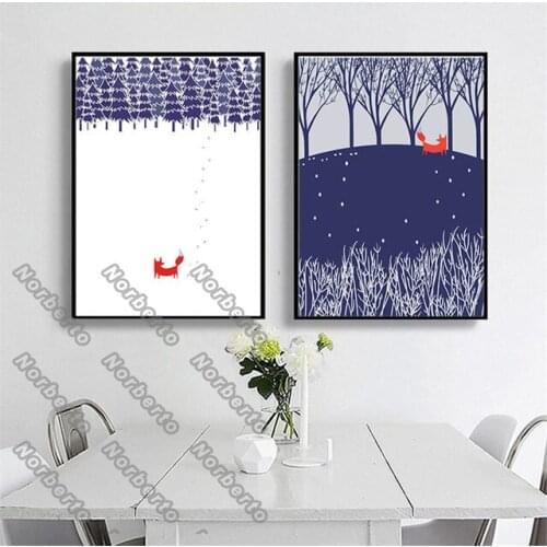Nordic Style Canvas Painting Wall Poster Art Pictures Winter Snow Landscape Purple Forest with a Red Fox for Home Rooms Decorati