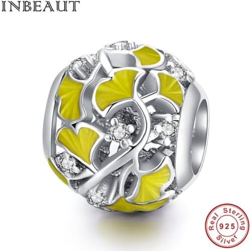 INBEAUT New jewelry 100% 925 sterling silver charm CZ elegant ginkgo leaf metal beads fit Pan bracelet DIY birthday gift