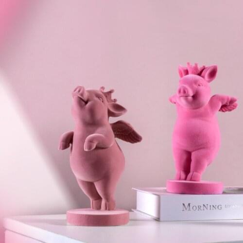 Cute Flocking Little Flying Pig Creative Resin Animal Figurines Handicraft Living Room Desktop Small Objects Ornaments Home Deco