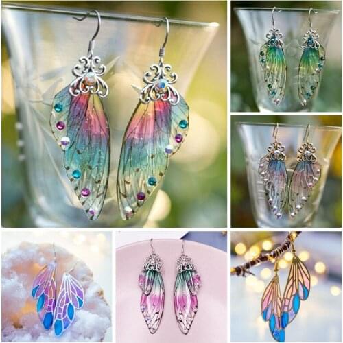 Fantasy Neon Color Rhinestone Cicada Wings Earrings Trendy New Butterfly Gradient Pink Blue Sequins Long Drop Earrings luxury