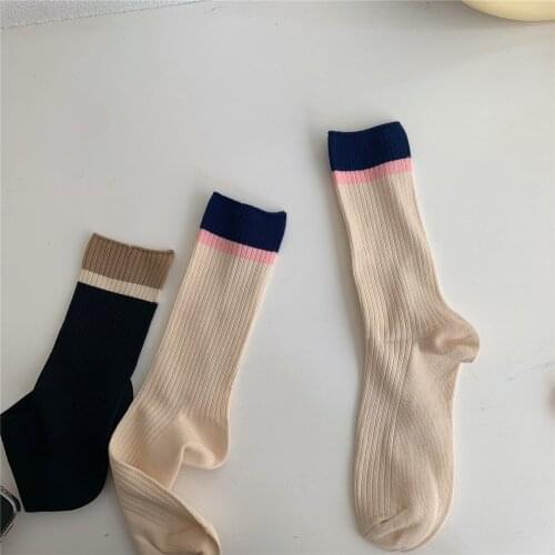 New Spring Ins Fashion Patchwork Soft Cotton Cute Woman Street Casual Simple Style Kawaii Funny Harajuku Rib Middle Tube Socks
