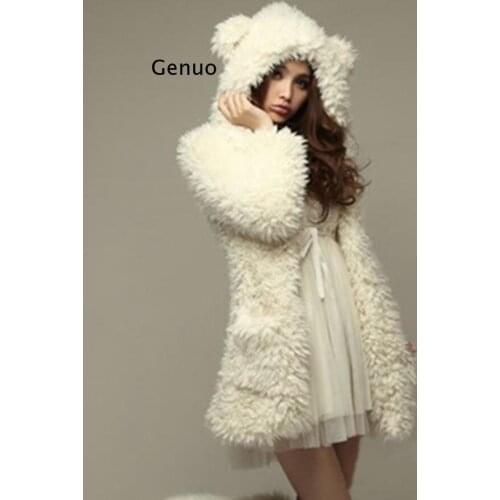 New Korean Winter Women Faux Lamb Wool Coat,lovely Bear Ear Plush Hooded Jacket,princess Style Thick Warm Long Parkas