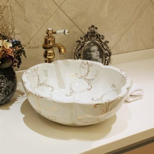 Flower shape basin bath wash basin art basin artistic basin black/white color with gold pattern bathroom sinks bowl ceramic