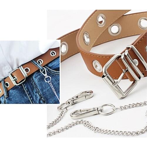 Women Belt Free Size Fashion Black PU Leather Belt With Chain For Female New Punk Style Pin Buckle Dress Jeans Decorative