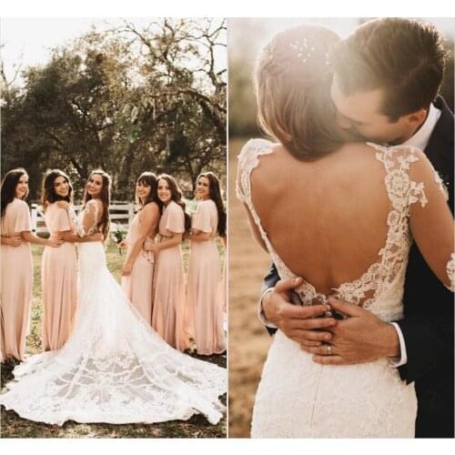 2019 Country Mermaid Wedding Dresses V Neck Long Sleeve Lace Appliques Bridal Gowns Backless Beach Bohemia Vestido