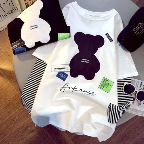 2021 Spring Summer New Harajuku Style Carton Print Loose Hedging Stripe Stitching Fake Two-piece Long-sleeved T-shirt Women