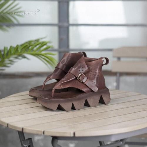 Handmade Retro Leather Platform Sandals Buckle Strap Ladies Summer Shoes