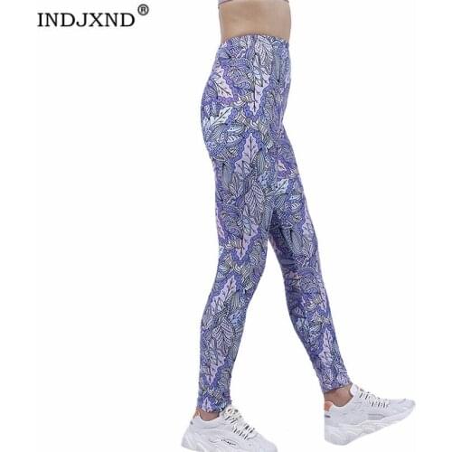 INDJXND S-XXL New Arrival Women Leggings Workout Sport Purple Pink Leaf Print Stretch Fitness Running Pants High Waist Push Up