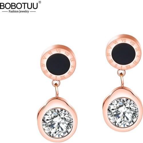 BOBOTUU Black Circle Design Earring Stainless Steel Inlaid Cubic Zirconia Roman Numerals Stud Earrings For Women Brincos BE17092