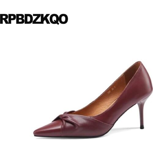 10 42 Size 33 2021 Genuine Leather Thin Bow Evening Pointed Toe Ladies High Heels Shoes 3 Inch 11 43 Pumps Wine Red Big Discount