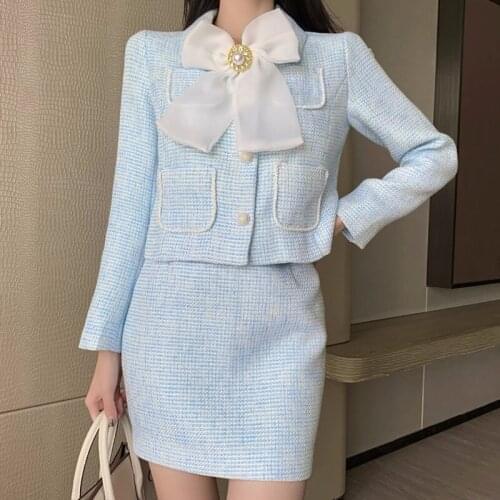 Autumn Winter Tweed Woolen Ladies Suits Diamond Bowknot Crop Top Coat + Zipper Mini Skirt Sweet Two Piece Set Women High Quality