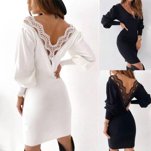 Womens Fashion Sexy Halter Hollow Lace V-Neck Waist Long Sleeve Dress