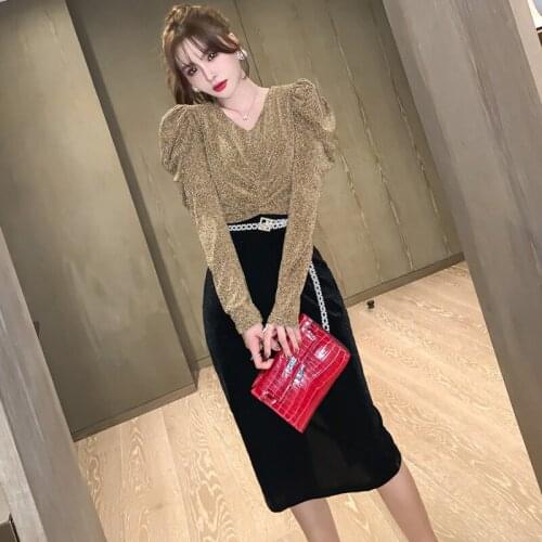 Spring Winter New Arrival 2021 Clothe V-neck Long Puff Sleeve Patchwork Midi Elegant Gold Velvet Dresses for Women with Sashes