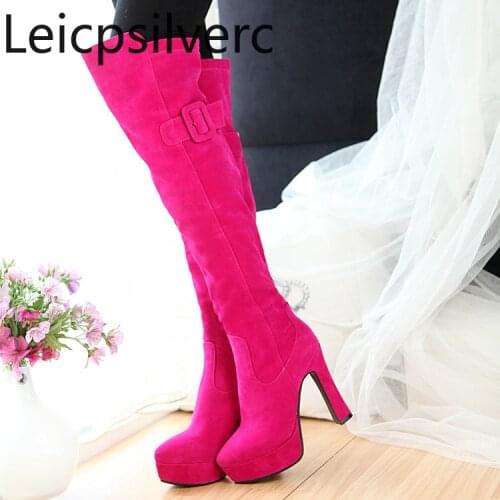 Winter new style fashion belt buckle Flock Round head zipper Thick heel High heel Womens Over the knee boots plus size 34-43