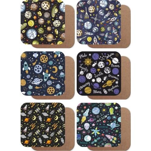 Stars And Planets, Space Theme Set of 6 Wooden Coasters Table Protector Stylish Space Themed Coasters Sky Star Moon Planet