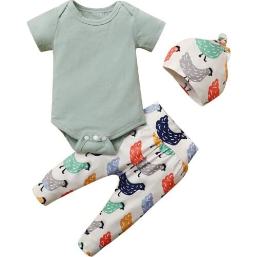 2021 Infant Baby Boys Girls Romper Short Sleeve Bodysuit+cartoon Chicken Printed Pants Hat Outfits Baby Clothes Set