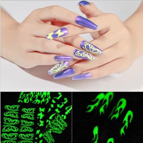 6Sheet/lot Flame Patterns Luminous Effect Nail Sticker Butterfly Nail Art Transfer Stickers Slider In Summer DIY Decoration