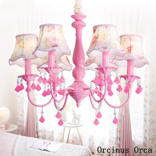 American pastoral Pink Crystal Chandelier Girl Bedroom Princess Room children room lamp Korean romantic LED Flower Chandelier