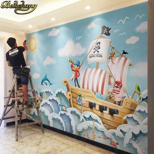 Beibehang Wholesale Boat Jack Sparrow Mural Pirate 3d Cartoon Mural Wallpaper for Baby Children Kids Room 3d Wall Murals Fresco