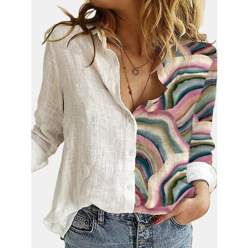 Fashion Women Button Long Sleeve Blouses Autumn Loose Office Shirt Femme Plus Size 3XL Patchwork Cat Print Shirt Blusa White