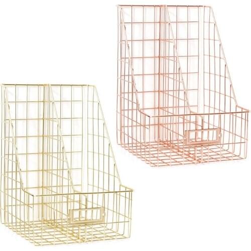 Nordic Wrought Iron Double Grid File Holder Desk Shelf Magazine Book Storage Rack Office Stationery Organizer