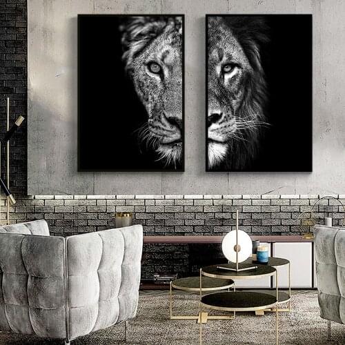 Animal Art picture Lion Lioness Black and white poster Decorate the room picture Canvas painting Living room decoration