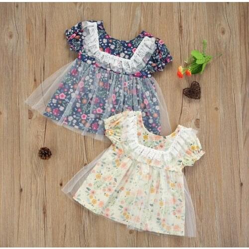 Kids Girls Summer Dress Girls Full Floral Lace Gauze O-Neck Short Bubble Sleeves Girls Casual Dresses Sundress