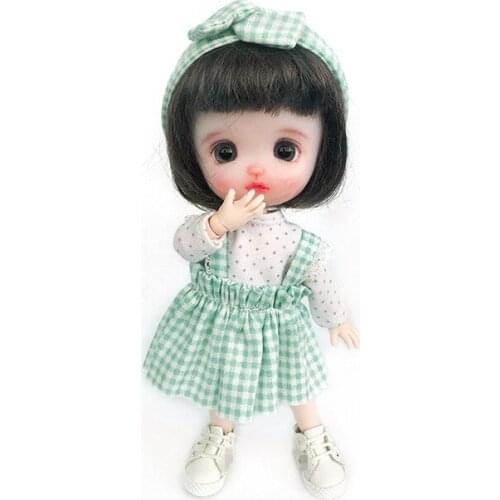 OB11 doll dress size fashion with back check skirt + round collar dot bottom coat + bow headband lovely sweet 3 suits