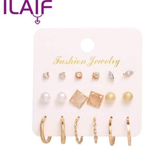 Fashion Pearl Rhinestone Geometric Earrings Set 9 Pairs Set With The Same Paragraph Net Red Earrings Bohemian Jewelry
