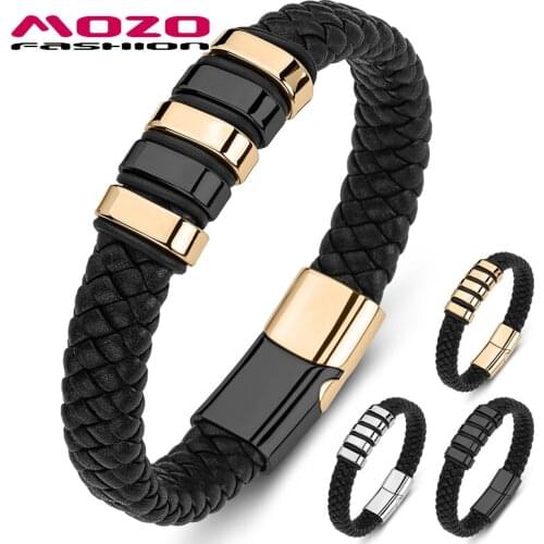 Men Bracelet Braided Genuine Leather Stainless Steel Trendy Punk Bangle 4 Color Collocation Jewelry