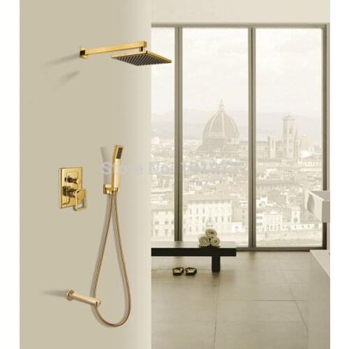 Vidric New Luxury Bathroom Brass 8 Inch Waterfall Rain Shower Head Arm Gold Wall Mounted Shower Faucet Set