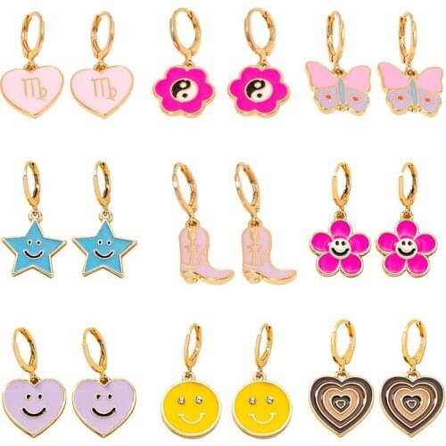 Egirl Style Pink Constellation Butterfly Flower Yin Yang Earrings for Women Y2K Jewelry Star Boots Smiley Earrings 90s Aesthetic
