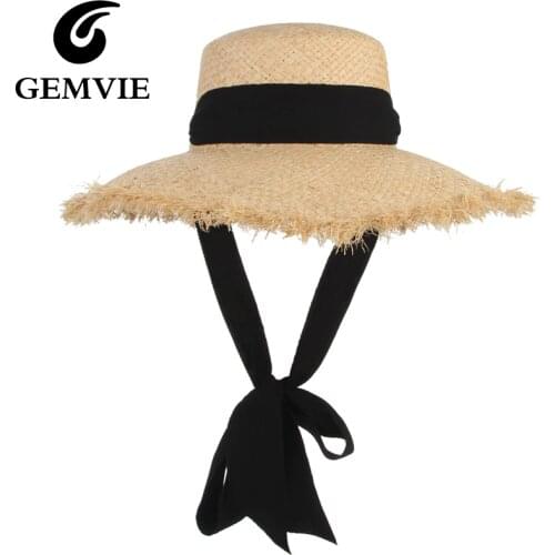GEMVIE Handmade Weave Raffia Straw Hat For Women Wide Brim Floppy Sun Hat Summer Hats Lady Beach Cap With Chin Strap Fashionable