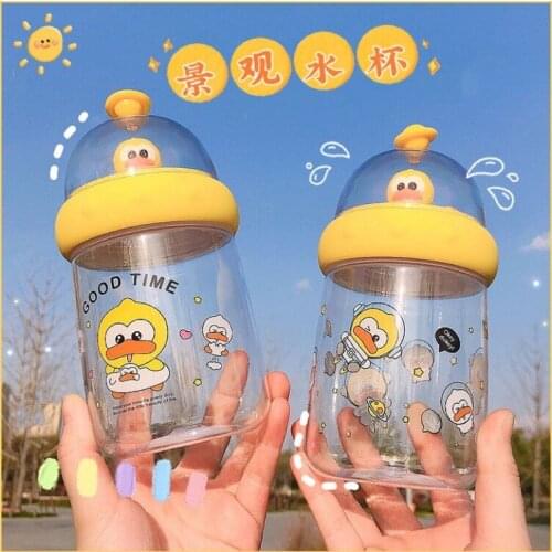 Students drop proof plastic cup transparent bottle kids cute super cute little yellow duck creative water cup compact portable