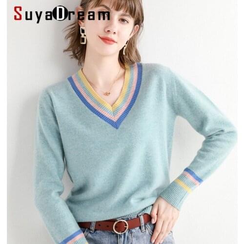 SuyaDream Women 100%Wool Sweaters 2021 Winter V Neck Warm Pullovers 2021 Fall Winter Candy color Top Pink Yellow