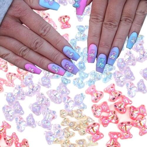 10PCS Aurora Bear Nail Art Decoration 3D Cute Resin Bear Polish UV Gel DIY Glitter Rhinestone Fashion Manicure Design Accessory