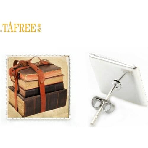 TAFREE Vintage old books glass photo stud earrings novelty school students teachers jewelry love reading women earrings AA36