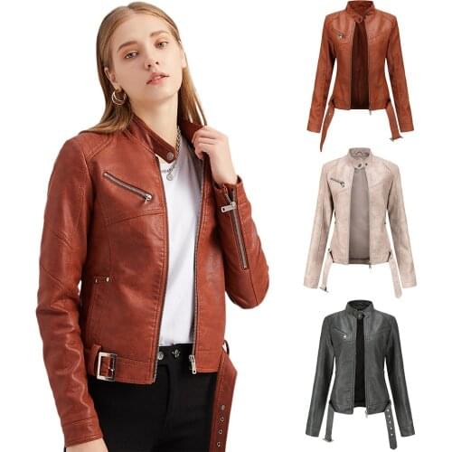 2021 New Jacket Womens Short Belt Leather Jacket Large Size Slim Leather Jacket Stand Collar Thin Fashion Womens Clothing