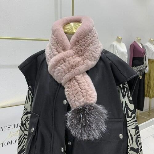 Rex Rabbit Fur Scarf with Sliver fox fur ball Knit Real Fur Scarves Soft Short Fur Scarf Fur Pompoms Women Rex Rabbit Fur Scarf