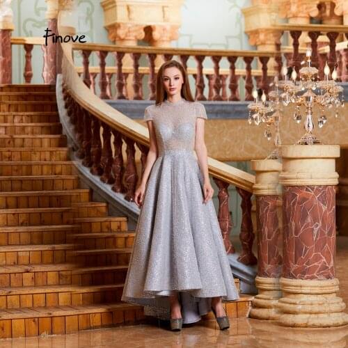 Finove Evening Dress Long 2020 Sparkle Fully Beaded Reflective Dress High Neck Short Sleeve Formal Party Wear Robe de soiree