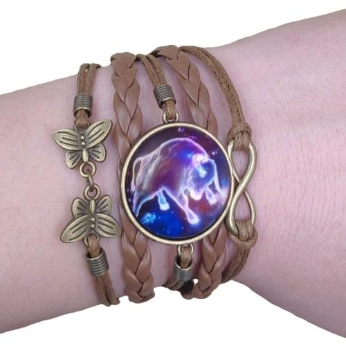 2021 Twelve Constellations Unique Multilayer Retro Antique Leather Brown Bracelet Punk Time Gem Female Party Gift AT169-180
