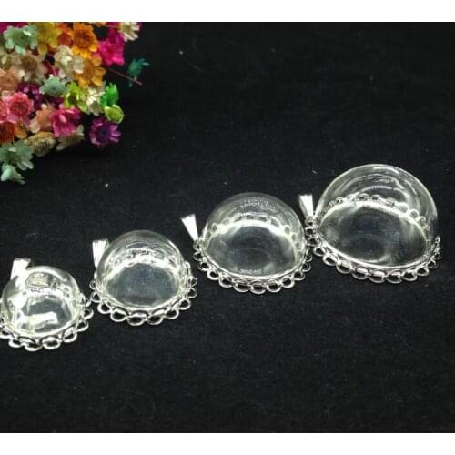 5ets/lot 15/20/25/30mm silver plated double lace base tray transparent half round glass globe vials diy pendant cover jewelry
