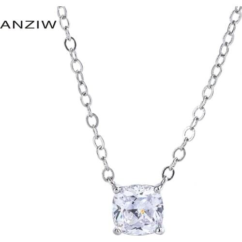 ANZIW Sterling Silver Cushion Cut 6x8mm Created SONA Diamond Classic Necklace For Women Jewelry Gifts