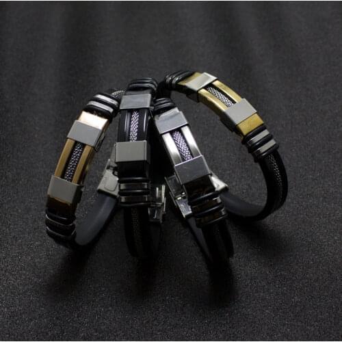 Stainless Steel Bracelet Men Wrist Band Black Grooved Rudder Silicone Mesh Link Insert Punk Wristband Stylish Casual Bangle