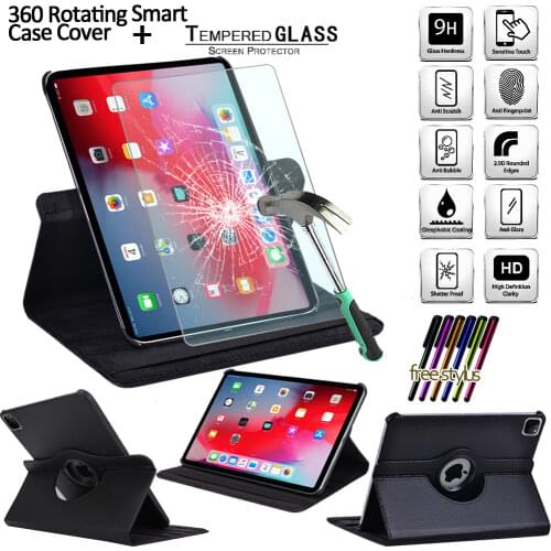 For Apple IPad Pro 11" (2018 1st Gen/2020 2nd Gen)/Air 4 10.9" (2020) 360 Rotating Case Flip Black Tablet Case + Tempered Glass
