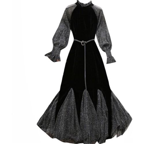 PERHAPS U Black Lurex Sash Long Sleeve Midi Puff Sleeve Long Sleeve Stand Collar Patchwork Dress D1400